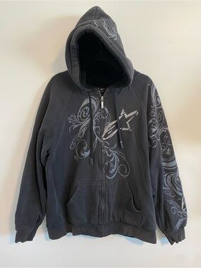 Vintage Y2K Alpinestars Black Zip-Up Hoodie Black And Grey Graphic Faux-fur line